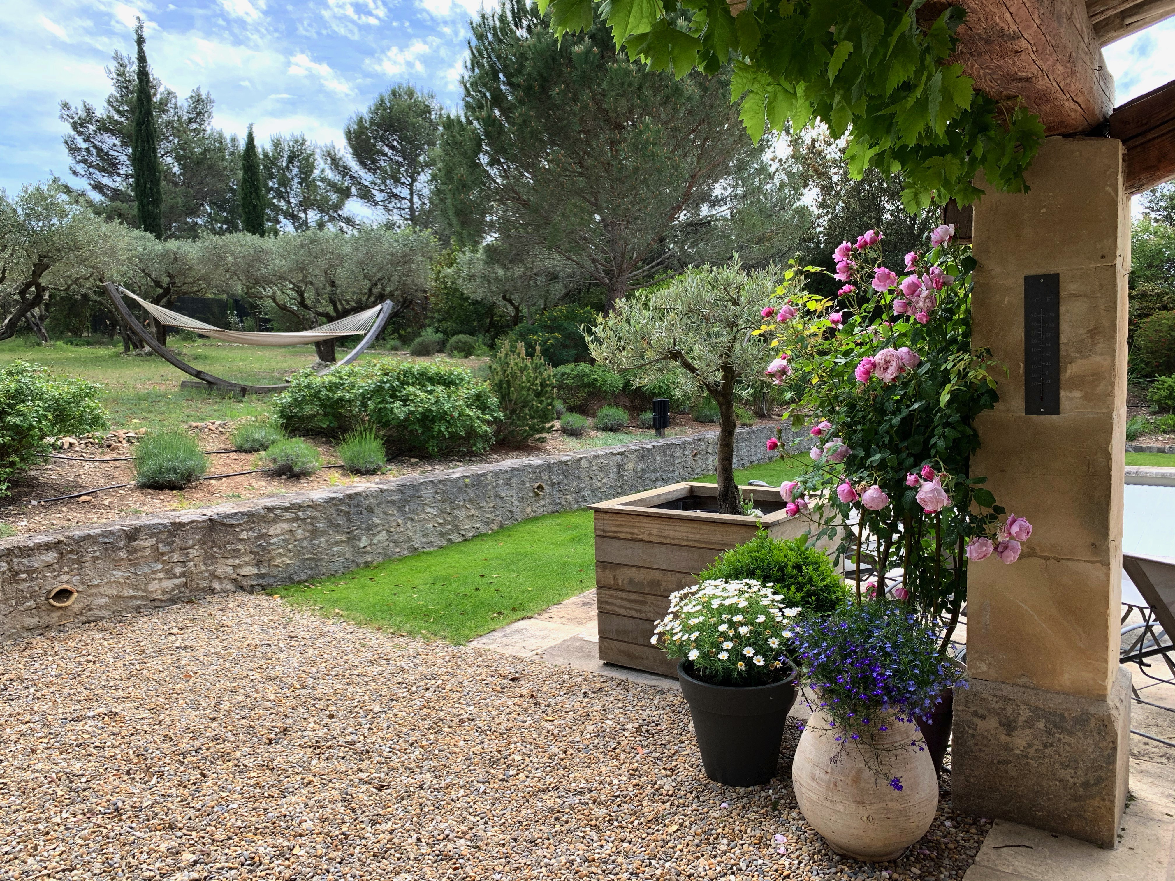 Tranquil garden landscape with a stone wall, flowering plants in pots, trees, and a hammock in the background, viewed from a shaded patio area.